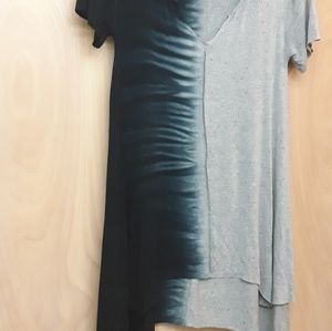 Grey Blue Boho Split Tone Ombre Tie Die V Neck Asymetrical Boho Top